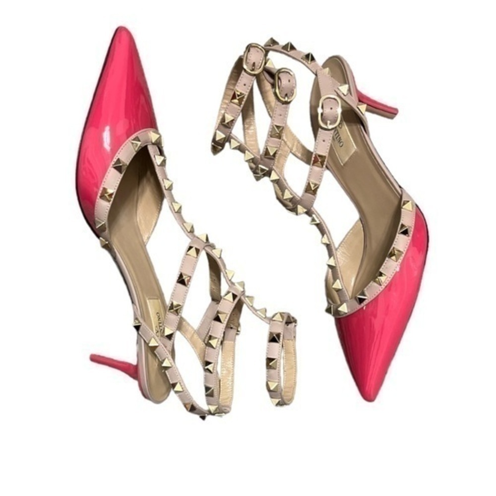 Valentino Garavani Caged Rockstud Fuchsia Pink Patent Leather Kitten Heels 38.5 - Picture 6 of 8